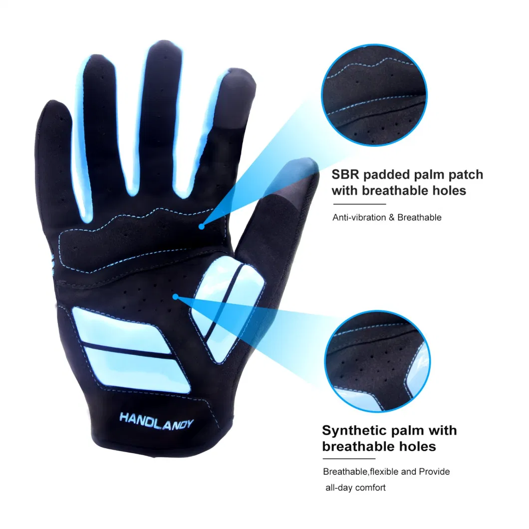 Prisafety Breathable Flexible Blue Full Finger Padding Palm Grip Sport Riding Gloves Touch Screen Cycling Bicycle Gloves for Men